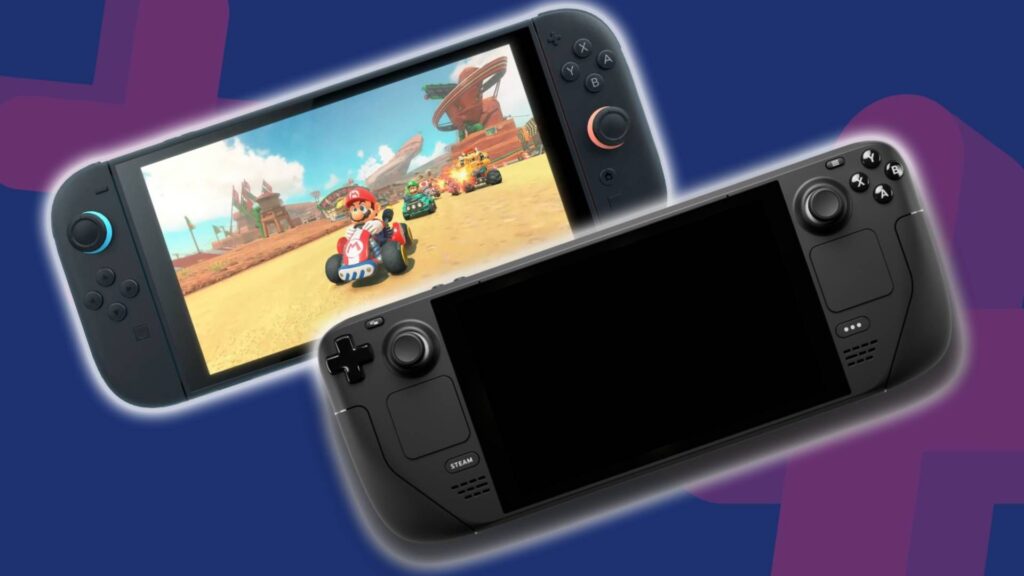 Nintendo Switch 2 console and Steam Deck side by side, showcasing size and design comparison