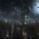 Concept art of Bloodborne’s Yharnam city with the Hunter in a gothic setting