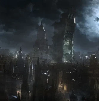 Concept art of Bloodborne’s Yharnam city with the Hunter in a gothic setting