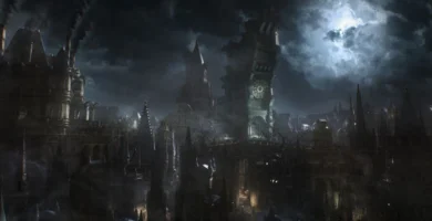 Concept art of Bloodborne’s Yharnam city with the Hunter in a gothic setting