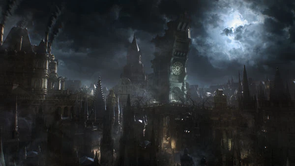 Concept art of Bloodborne’s Yharnam city with the Hunter in a gothic setting