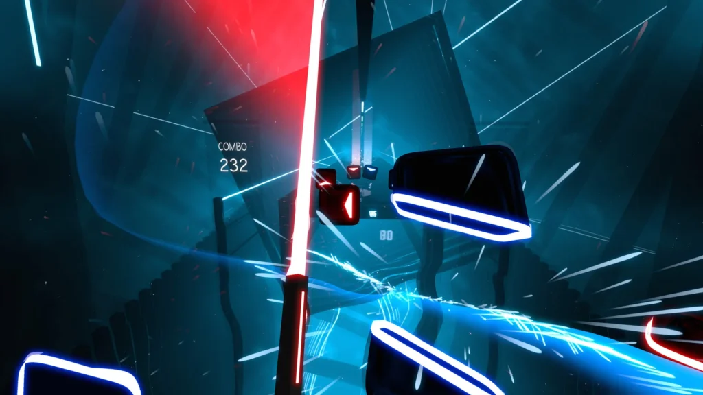 Beat Saber gameplay in VR with dual sabers slashing music blocks, overlaid with “Final Update for PSVR2” in bold text.