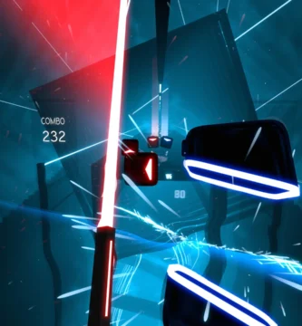 Beat Saber gameplay in VR with dual sabers slashing music blocks, overlaid with “Final Update for PSVR2” in bold text.