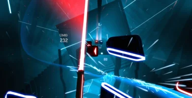 Beat Saber gameplay in VR with dual sabers slashing music blocks, overlaid with “Final Update for PSVR2” in bold text.