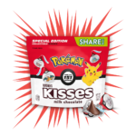 Hershey’s chocolate bars and Kisses featuring Kanto Pokémon like Pikachu, Charmander, and Squirtle in colorful packaging.