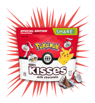 Hershey’s chocolate bars and Kisses featuring Kanto Pokémon like Pikachu, Charmander, and Squirtle in colorful packaging.