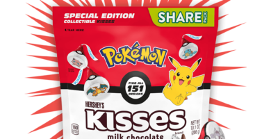 Hershey’s chocolate bars and Kisses featuring Kanto Pokémon like Pikachu, Charmander, and Squirtle in colorful packaging.
