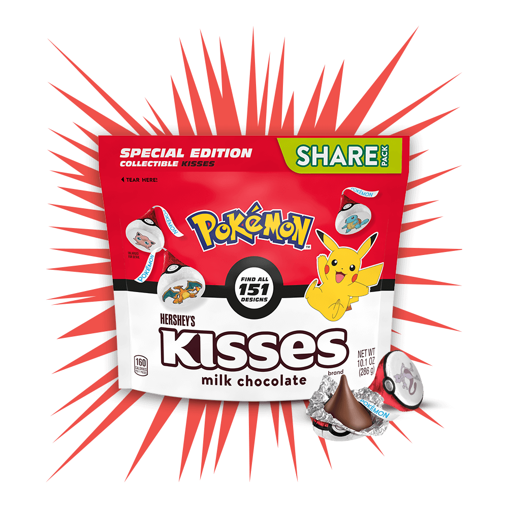 Hershey’s chocolate bars and Kisses featuring Kanto Pokémon like Pikachu, Charmander, and Squirtle in colorful packaging.