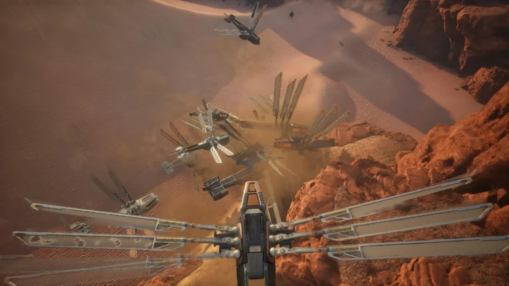 Scout Ornithopters swarming a Carrier Ornithopter during spice harvest in Dune: Awakening