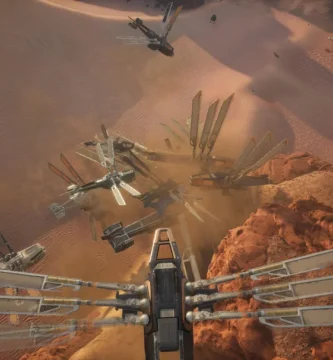 Scout Ornithopters swarming a Carrier Ornithopter during spice harvest in Dune: Awakening