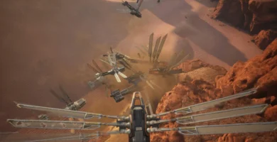 Scout Ornithopters swarming a Carrier Ornithopter during spice harvest in Dune: Awakening