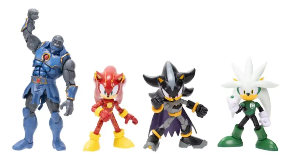 Sonic the Hedgehog and Batman crossover action figures on display in superhero suits