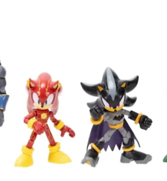 Sonic the Hedgehog and Batman crossover action figures on display in superhero suits