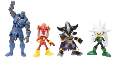 Sonic the Hedgehog and Batman crossover action figures on display in superhero suits