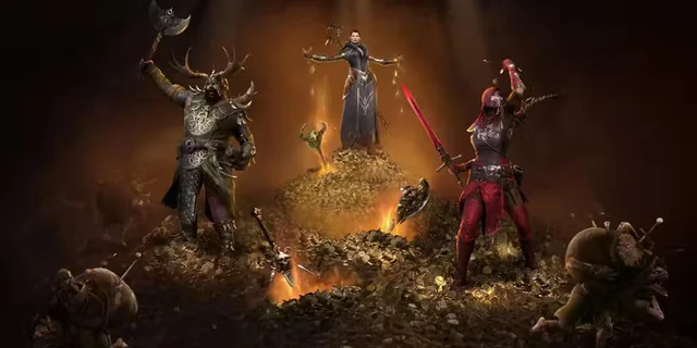 Diablo 4 second anniversary event with fiery in-game scene and characters in celebration gear