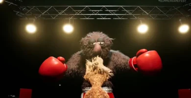 Fuzz-E, a scrappy puppet boxer, stands ready in a dimly lit ring surrounded by colorful Muppet-like opponents