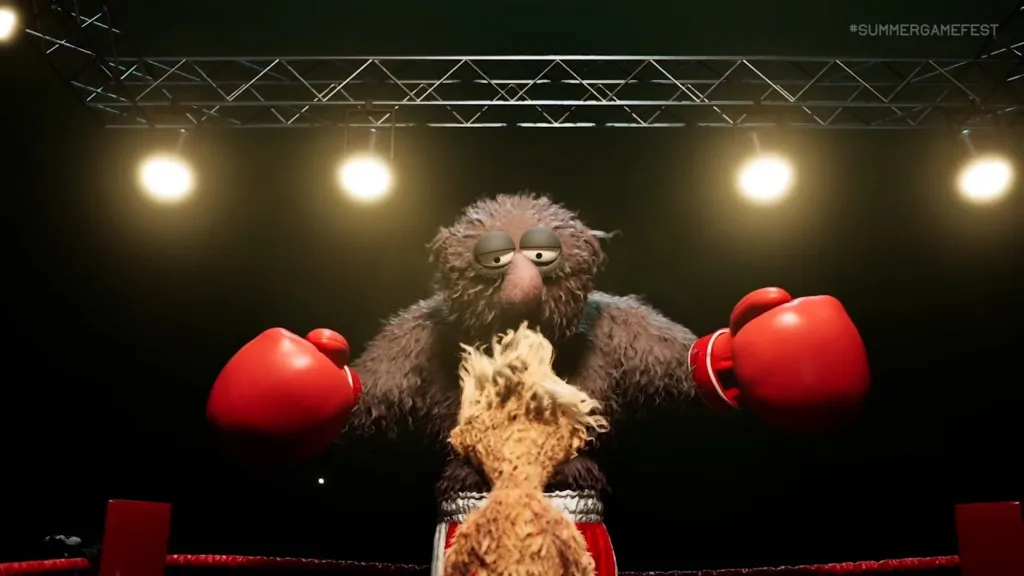 Fuzz-E, a scrappy puppet boxer, stands ready in a dimly lit ring surrounded by colorful Muppet-like opponents