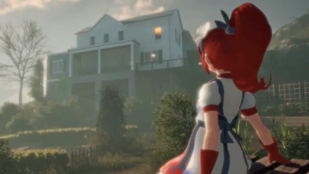 Fractured Blooms protagonist standing in a distorted anime-style garden with blood and cracks tearing through the world