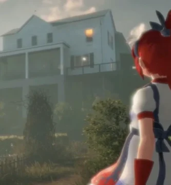 Fractured Blooms protagonist standing in a distorted anime-style garden with blood and cracks tearing through the world