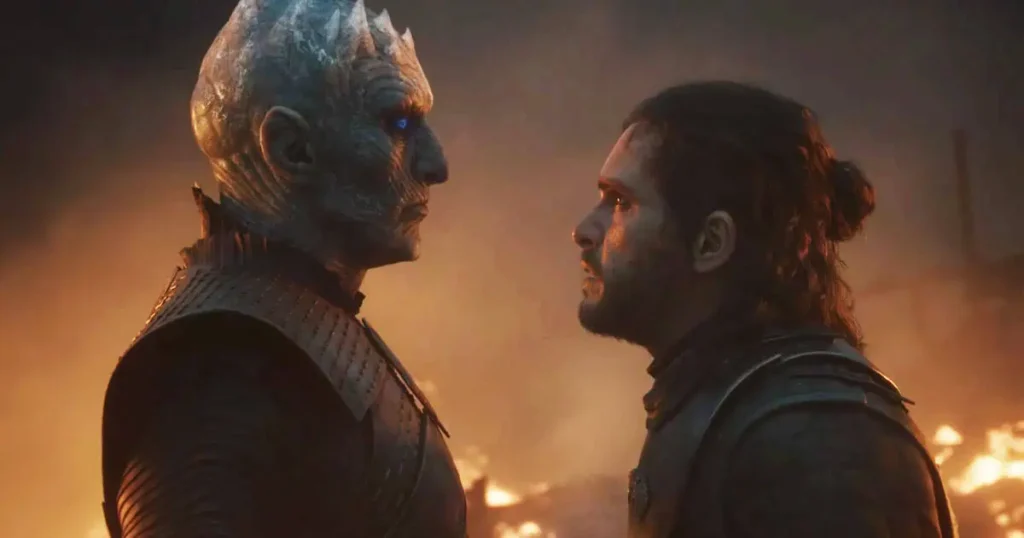 Cinematic trailer still from Game of Thrones: War for Westeros showing Jon Snow battling The Night King.