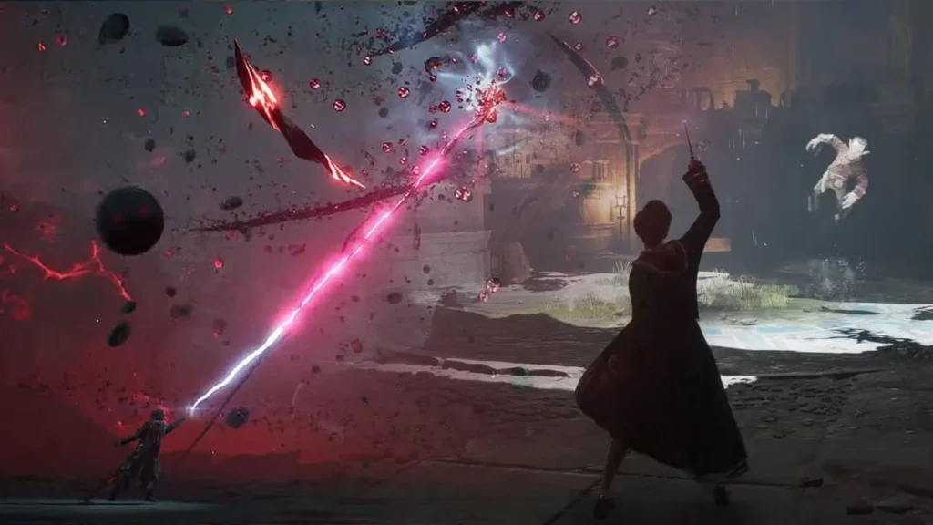 Concept art of Hogwarts Legacy 2 with online multiplayer magic battle scene