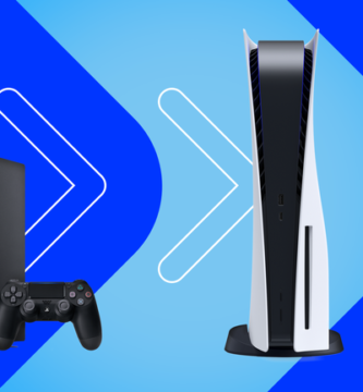 PlayStation 4 console beside a PlayStation 5 with PS5 player stats rising