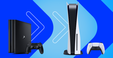 PlayStation 4 console beside a PlayStation 5 with PS5 player stats rising