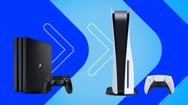 PlayStation 4 console beside a PlayStation 5 with PS5 player stats rising