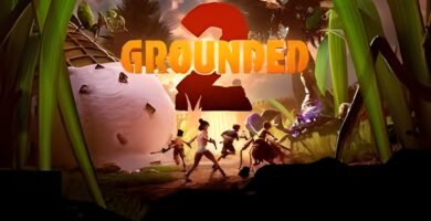 Screenshot from Grounded 2 trailer showing co-op survival gameplay in a giant backyard park
