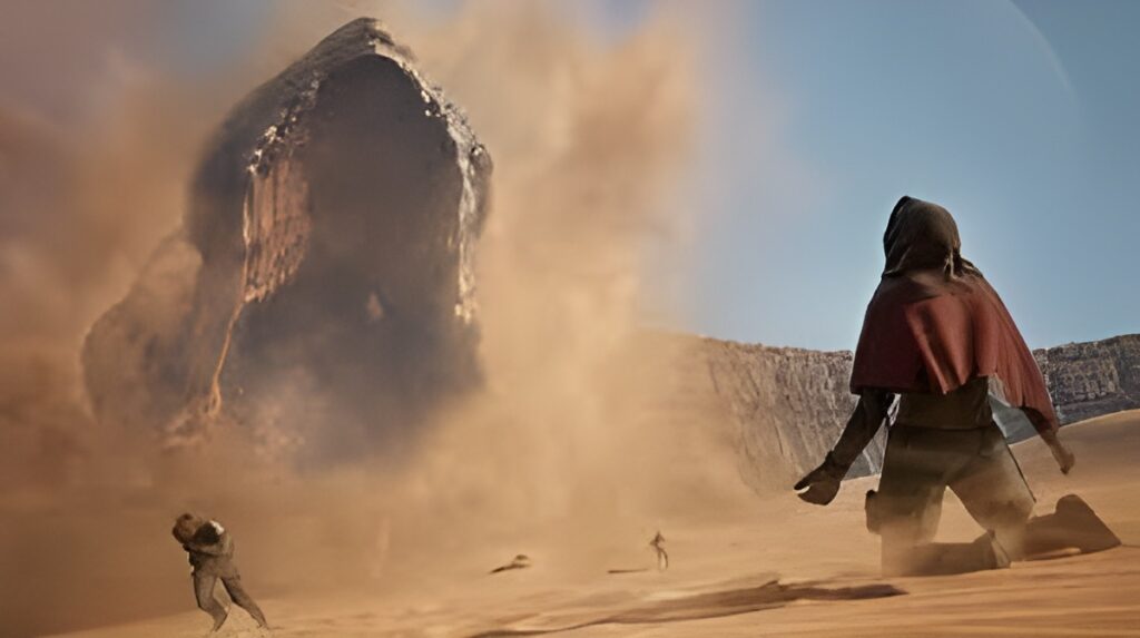 Dune Awakening gameplay showing desert combat and sandworm encounter