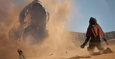 Dune Awakening gameplay showing desert combat and sandworm encounter