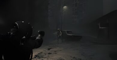 Cronos: The New Dawn trailer screenshot showing the Traveler in a dark retro-futuristic facility surrounded by Orphans