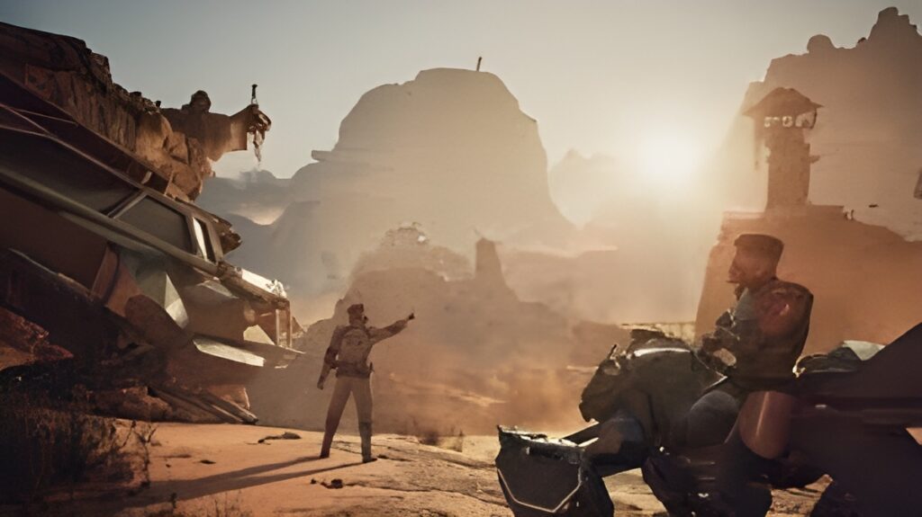 Dune Awakening Deep Desert PvP battle with players fighting near a sandstorm