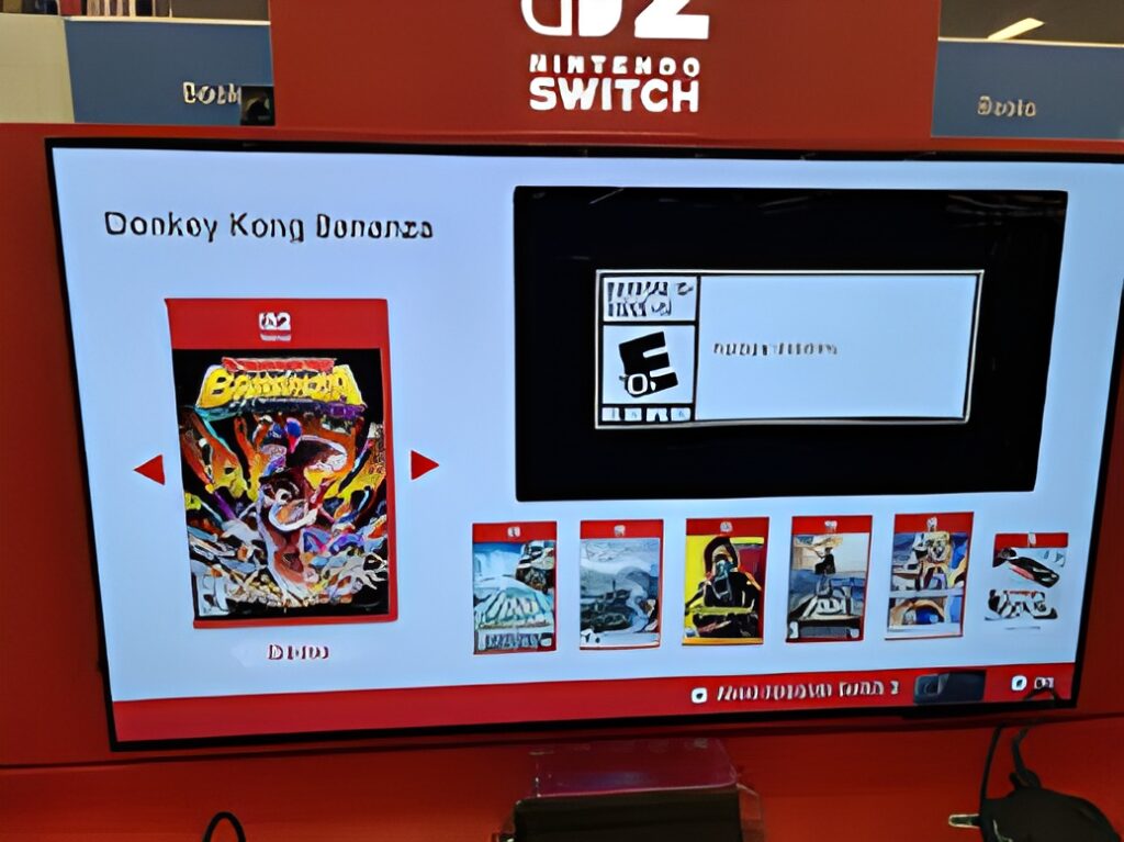 Player testing Donkey Kong Bananza demo at a Nintendo Switch 2 kiosk in Walmart