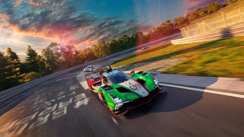 Project Motor Racing car speeding on a realistic track during sunset