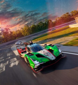 Project Motor Racing car speeding on a realistic track during sunset
