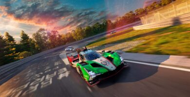 Project Motor Racing car speeding on a realistic track during sunset