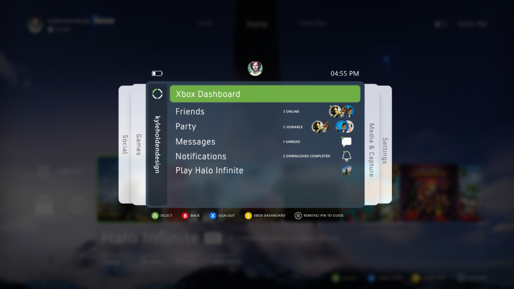 Mockup of Xbox Classics menu showing original Xbox and Xbox 360 games on a modern console dashboard