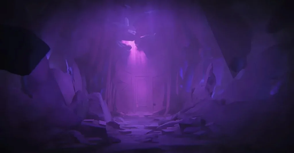 Teaser image from Little Nightmares VR showing a mysterious cave door and a music box