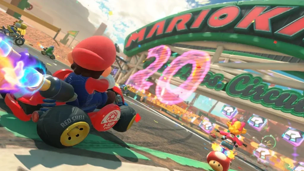 Veteran Mario Kart World player drifting in a race with aggressive AI racers behind