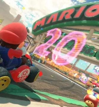 Veteran Mario Kart World player drifting in a race with aggressive AI racers behind