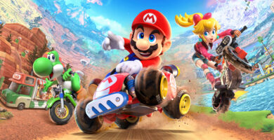 Mario Kart World characters racing on vibrant tracks with Switch 2 branding