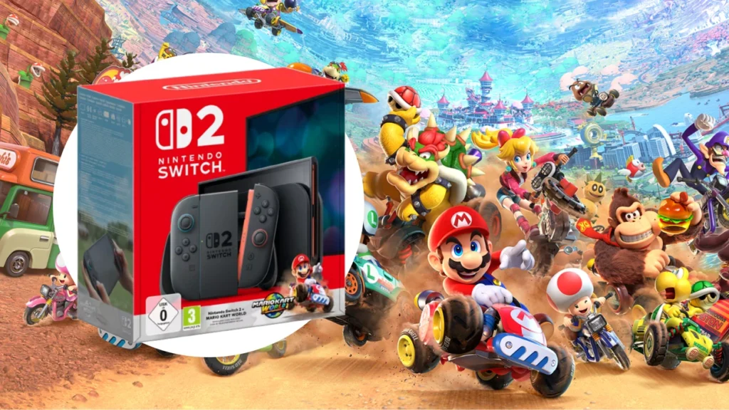 Nintendo Mario Kart World game cover with Switch 2 console
