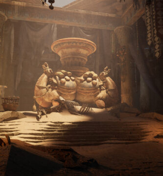 Blood Message game screenshot showing protagonist walking through ancient desert temple ruins at sunset.