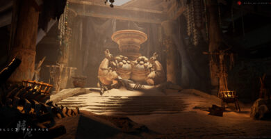 Blood Message game screenshot showing protagonist walking through ancient desert temple ruins at sunset.