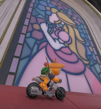 Player driving through Peach’s Castle stained-glass window in Mario Kart World to access mirror mode