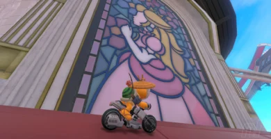Player driving through Peach’s Castle stained-glass window in Mario Kart World to access mirror mode