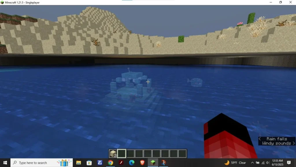Minecraft ocean monument generated under floating desert biome with sand blocks hovering