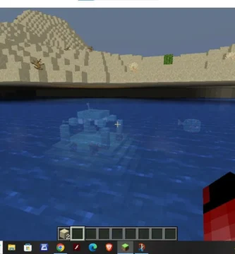 Minecraft ocean monument generated under floating desert biome with sand blocks hovering