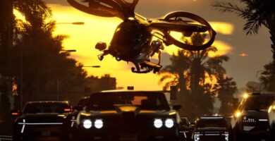 Promotional art of MindsEye game showing futuristic action scenes, vehicles, and shooting gameplay reminiscent of GTA